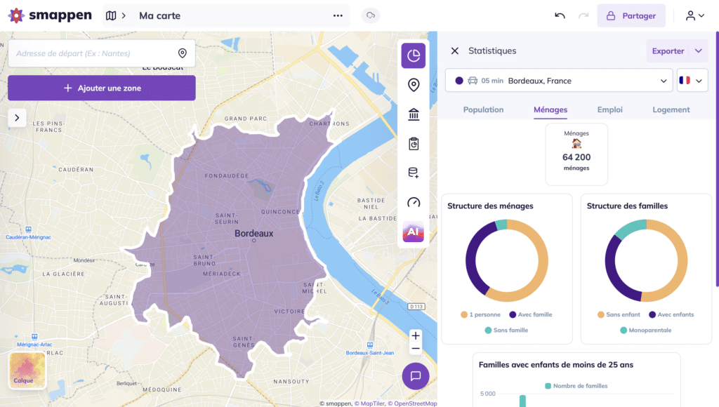 Nombre de ménages sur la zone de Bordeaux sur Smappen