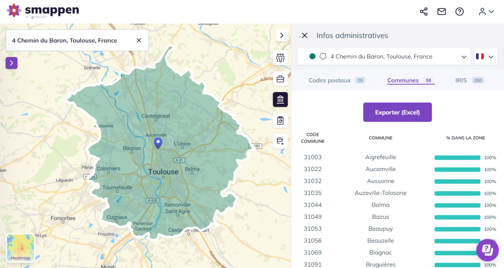 Liste des communes desservies entièrement par mes services de livraison après construction de ma zone