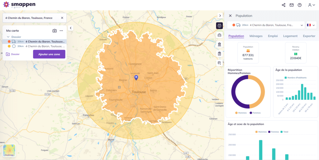 Construction zones de livraison à 20km en camion isochrone et 20km en circulaire autour du point de vente.