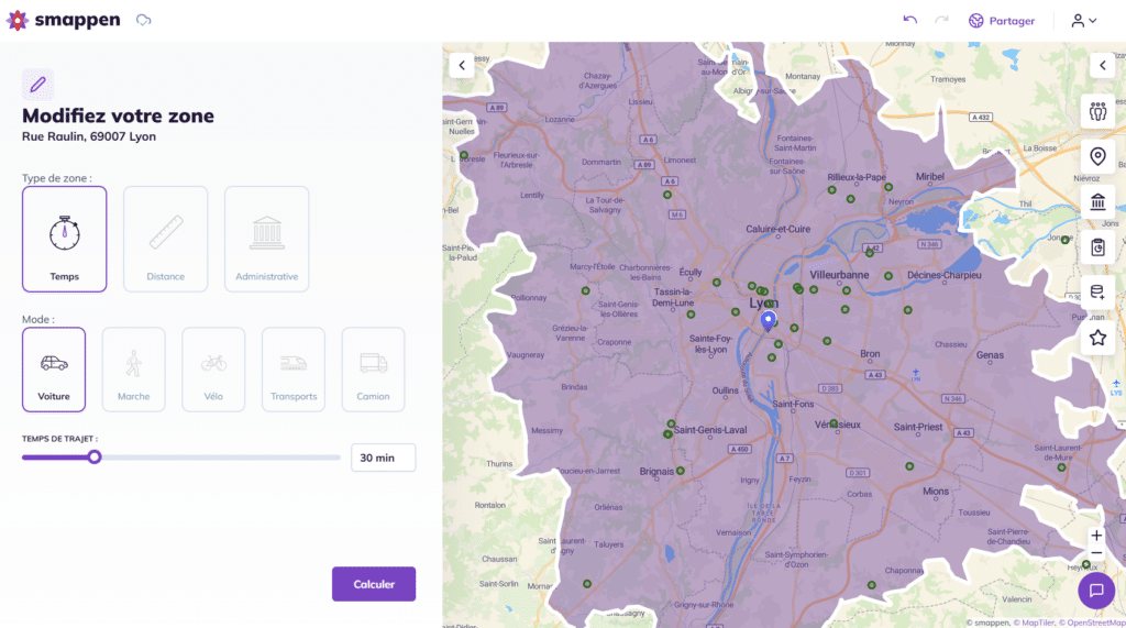 visualisation zone Lyon 30 min avec points géolocalisés des prospects à proximité