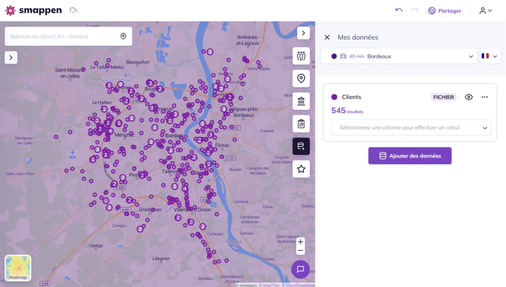 affichage de la zone de Bordeaux sur la carte Smappen avec ls données CRM clients en points géo-localisés