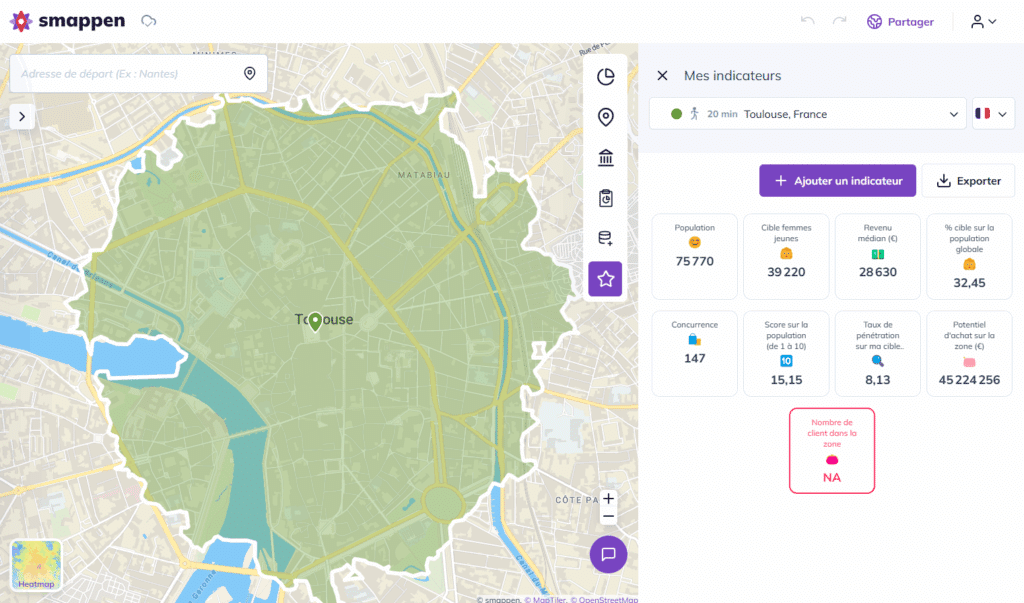 carte zone de chalandise sur Smappen - réseau de franchise Toulouse et indicateurs de suivi des performances