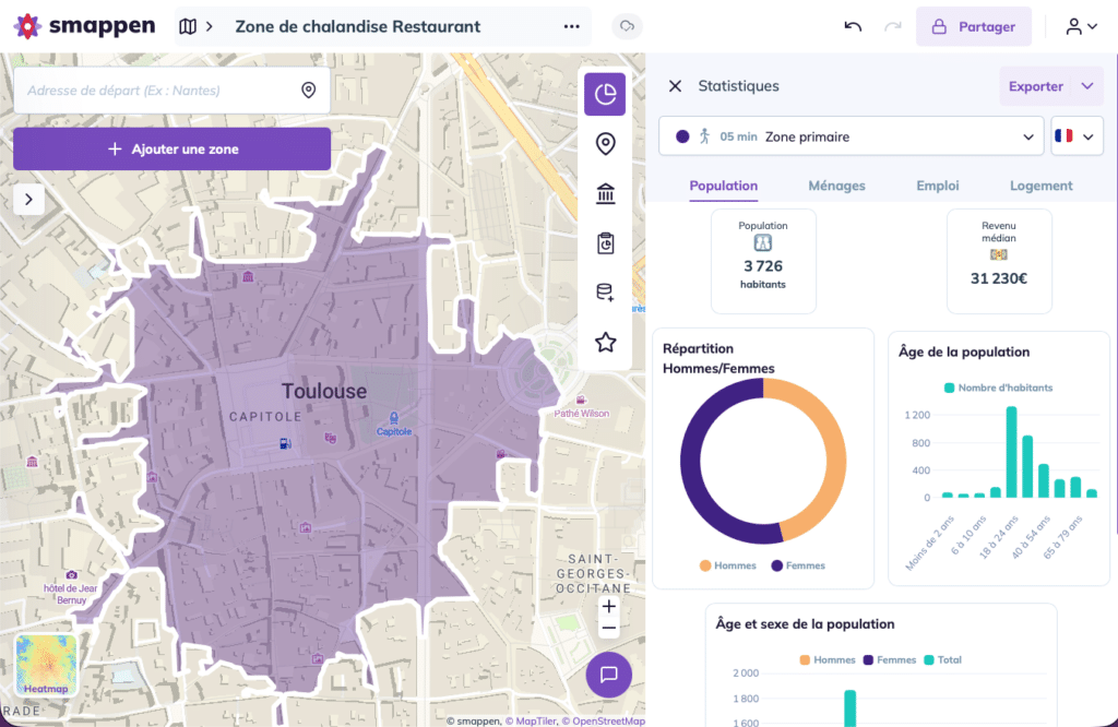 Zone de chalandise restaurant - données démographiques et cible sur Smappen