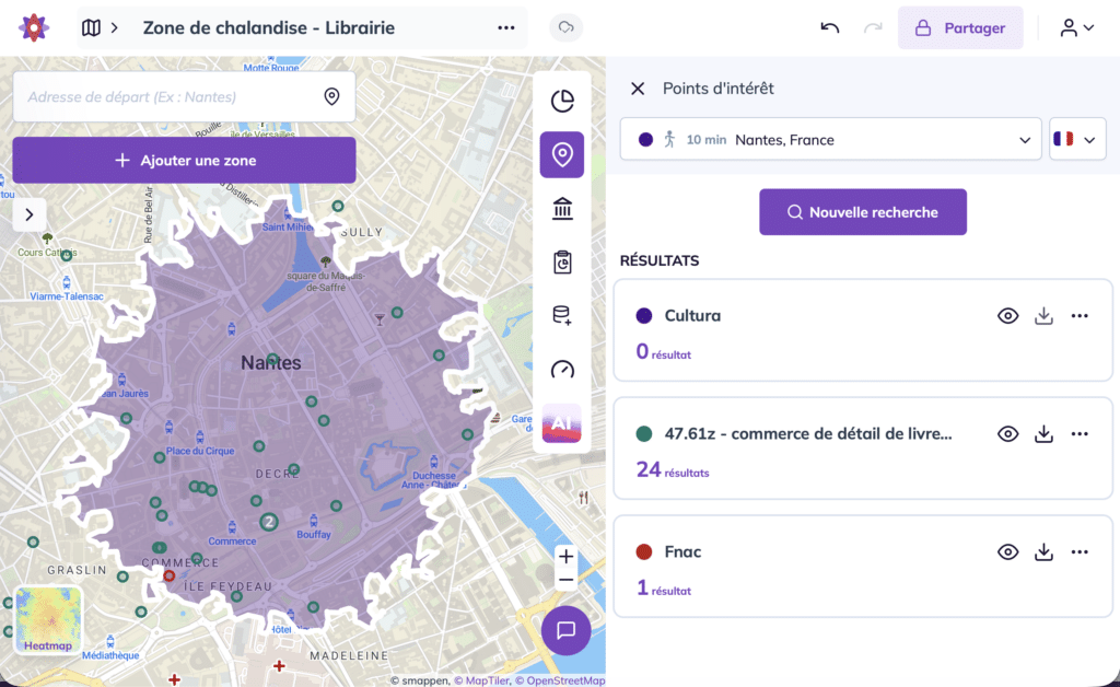 Zone de chalandise librairie concurrence sur Smappen