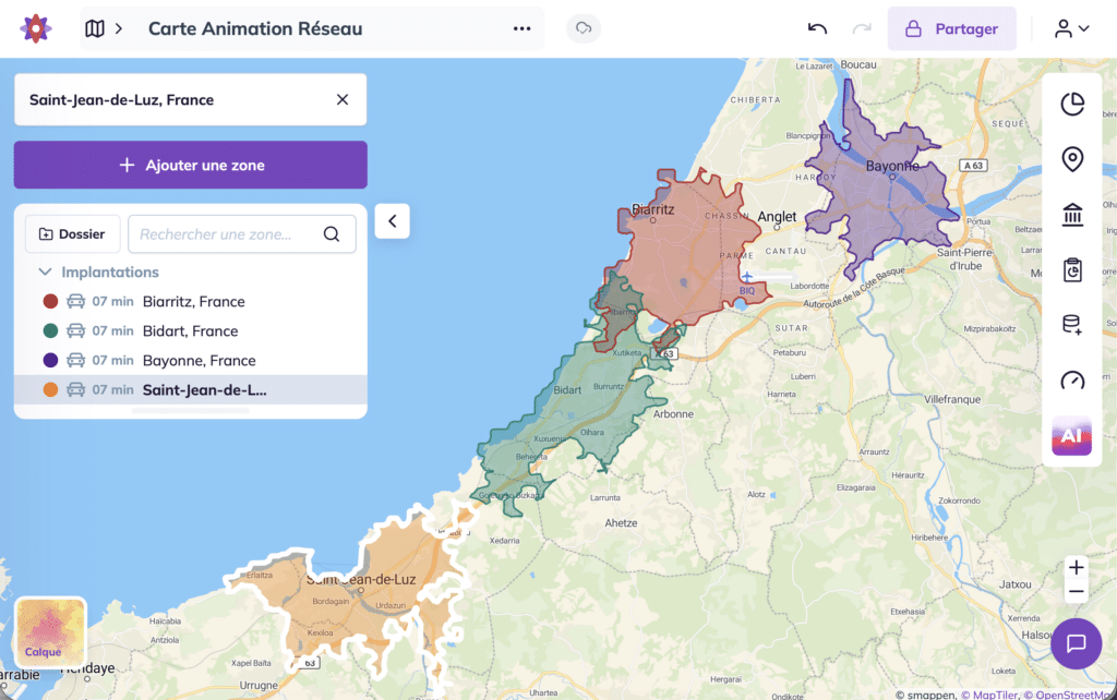 Carte des franchisés animation réseau sur Smappen
