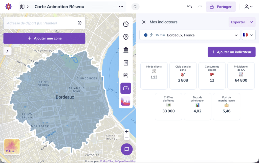 Interface de Smappen avec indicateurs pour les animateurs réseau de franchise