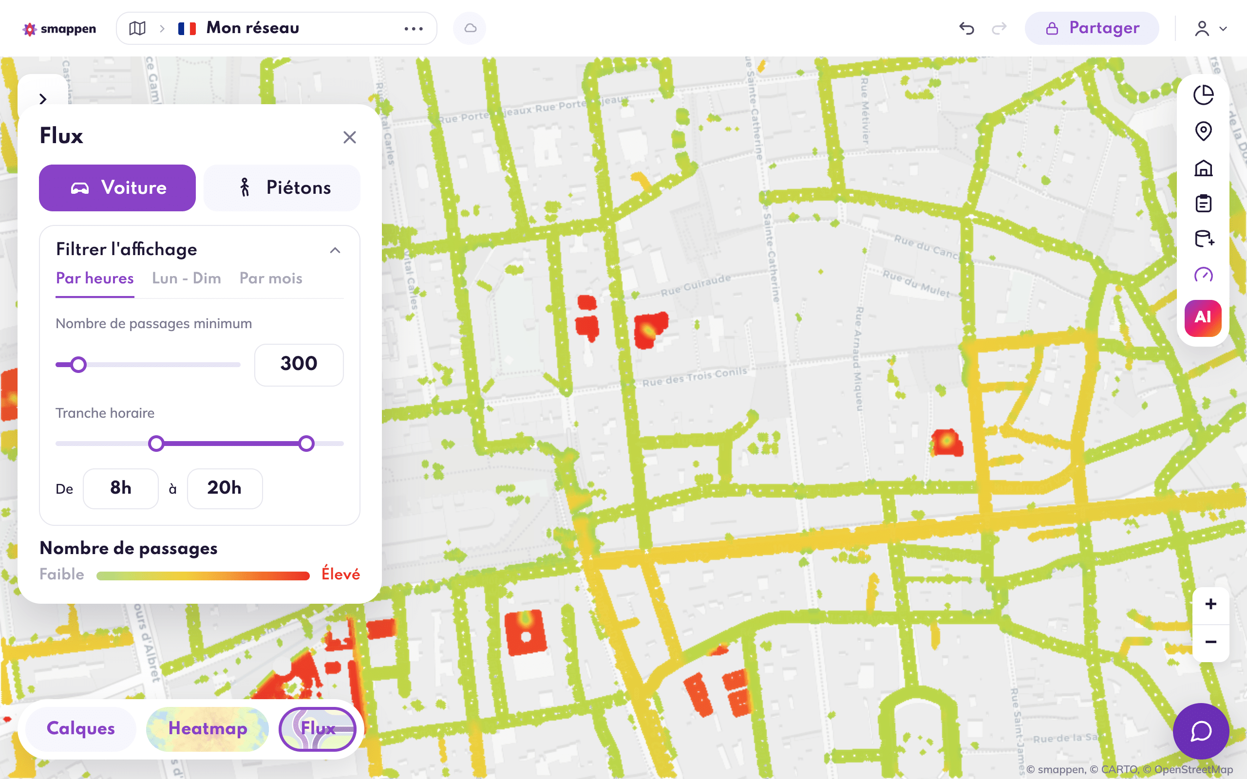 Carte Smappen affichant les flux voitures avec le panneau Flux et ses filtres par heures, jours et mois