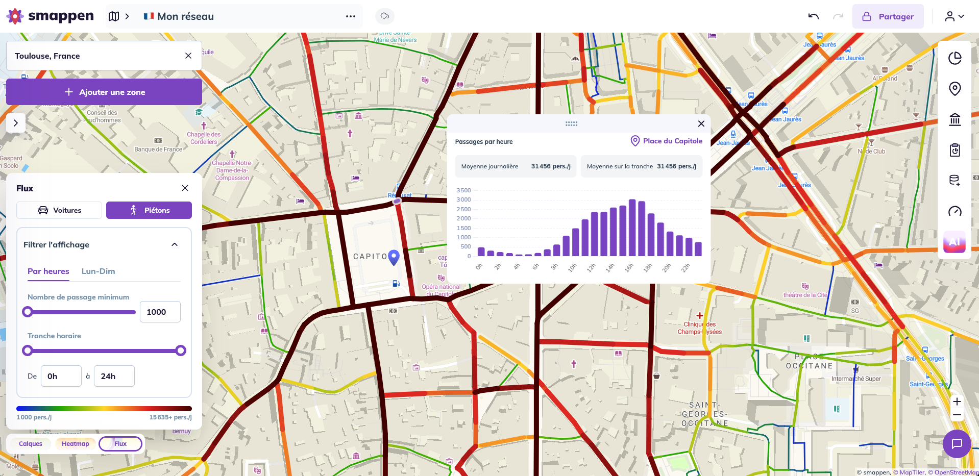 Carte Smappen affichant les flux voitures avec le panneau Flux et ses filtres par heures, jours