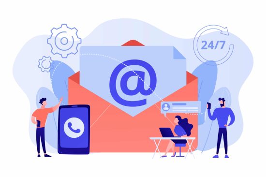 Get in touch concept vector illustration. Email marketing, Internet chatting, 24 hours support. Get in touch, initiate contact, contact us, feedback online form, talk to customers concept. Pink coral blue vector isolated illustration