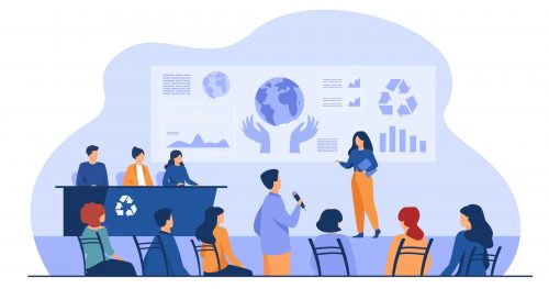 Ecological press conference member speaking on stage Ecological press conference member speaking on stage before audience, presenting graphs with earth. Vector illustration for global meeting, scientific forum, mass media concept